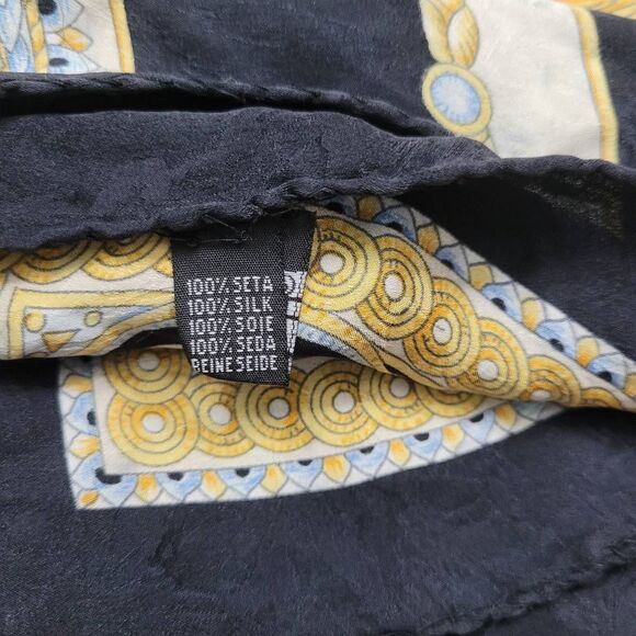 Vintage Handrolled Luxurious 100% Silk Scarf 32"x31" Black Gold Blue Made Italy